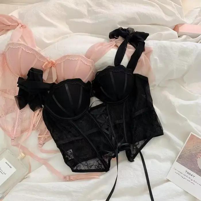 Doux Sexy dames ensemble de soutien-gorge arête de poisson Corset épicé fille dentelle Lingerie sangle rembourrage froncé Type mince Corset femmes ensemble de soutien-gorge