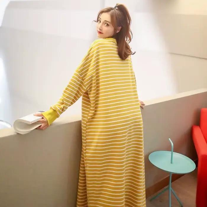 Chemise de nuit femme M-5XL automne manches longues rinçage longueur rayé Preppy mn adolescents Kawaii loisirs vêtements de nuit maison confortable mode