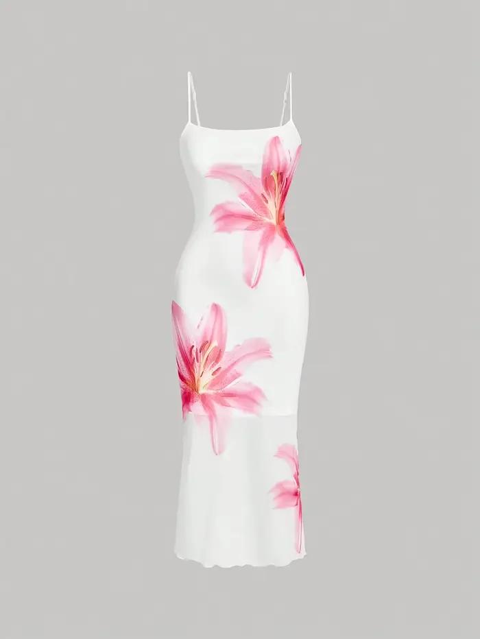 Robe florale élégante pour femmes junior, silhouette gaine, décolleté carré, motifs floraux, polyester tricoté, sans manches, ajustement mince, longueur mi-mollet, occasions estivales et spéciales