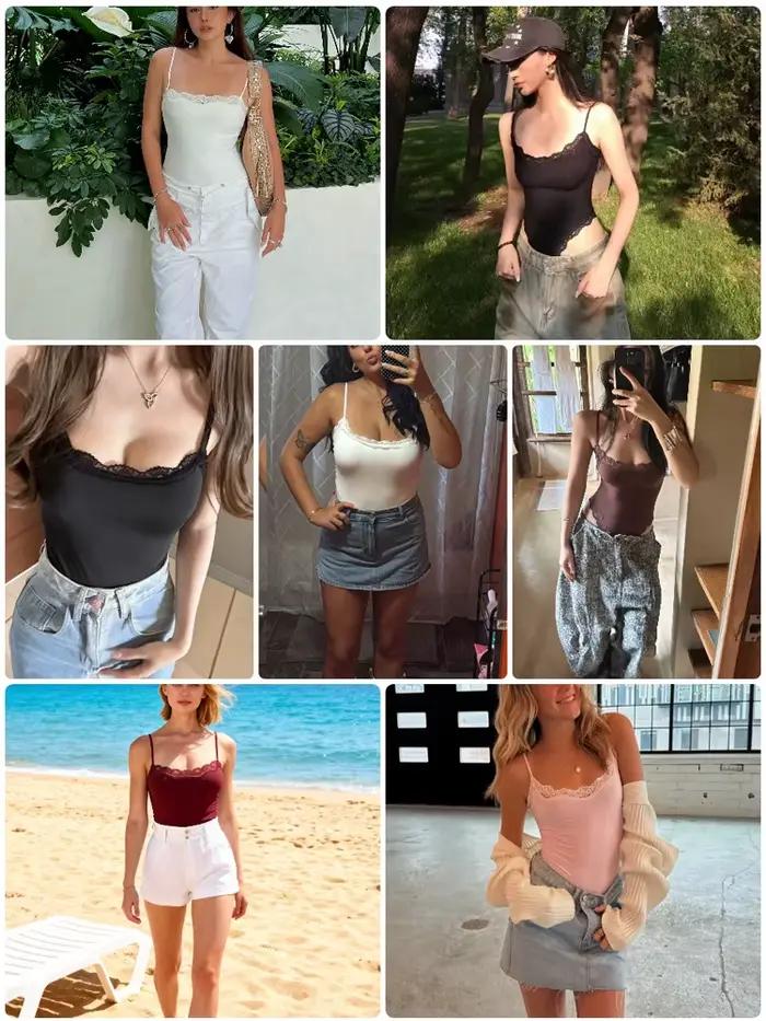 VITALINOVO femmes col carré dentelle garniture body coupe haute string Spaghetti sangle Cami body Double couche sortie débardeurs