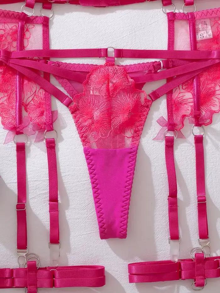 Ensemble de Lingerie brodée avec chaîne en strass pour femmes, 3 pièces, Design Cougar brillant et Sexy avec anneaux de jambe, sous-vêtements attrayants