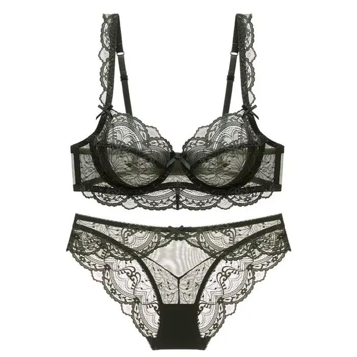Ensemble de soutien-gorge en dentelle française pour femme, haut de soutien-gorge sans éponge, coton fin doux, tasse 3/4, soutien-gorge et slip transparents pour occasions quotidiennes et spéciales