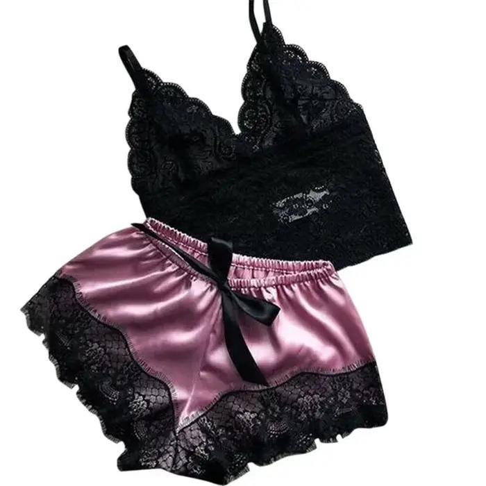 Ensemble de pyjamas en dentelle pour femmes, vêtements de nuit sexy, lingerie en fibre, col en V, ensembles de Y et de shorts, vêtements de détente
