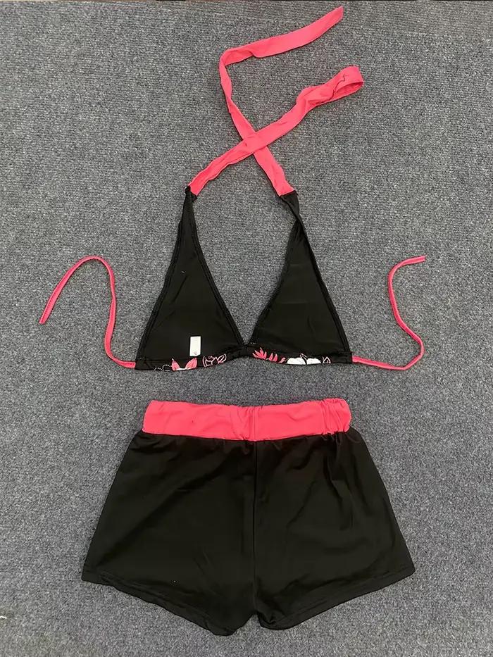 Letný plážový Ins módny horúci Sexy dámsky dvojdielny Bikini krásny Vintage kontrastný kvetinový potlač podprsenka s ramienkami