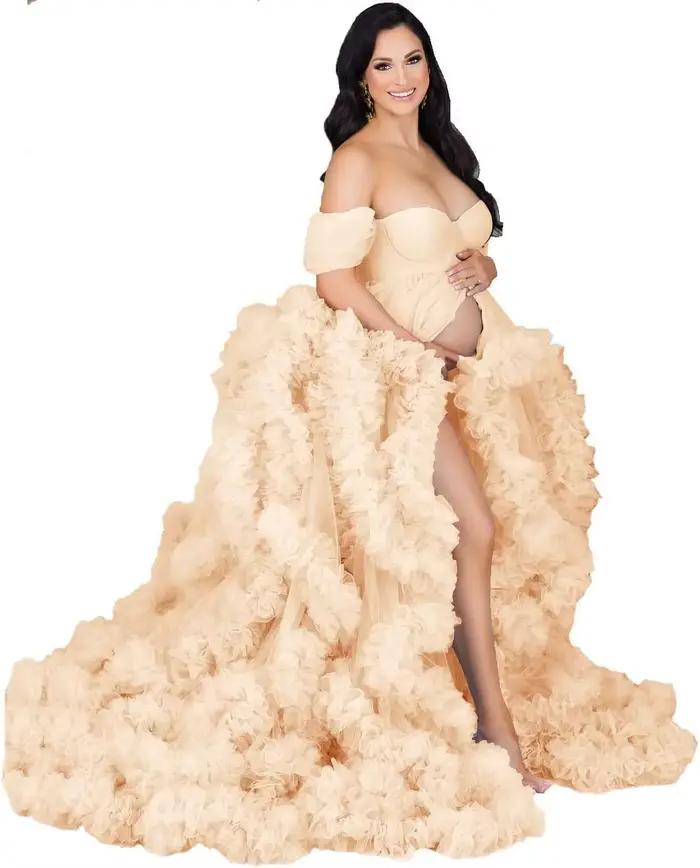 Robe tutu de maternité pour séance photo – Tissu en tulle transparent avec fente haute sur le devant, détails à volants et silhouette fluide.Lingerie