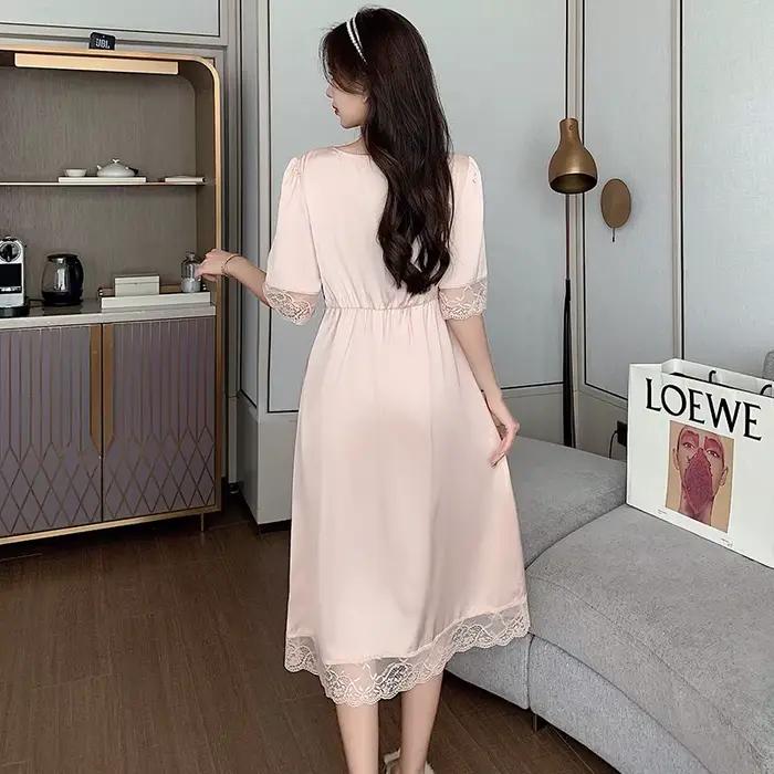 Chemise de nuit Sexy à manches courtes pour femmes, vêtements d'été en dentelle ajourée en soie glacée, Design Long