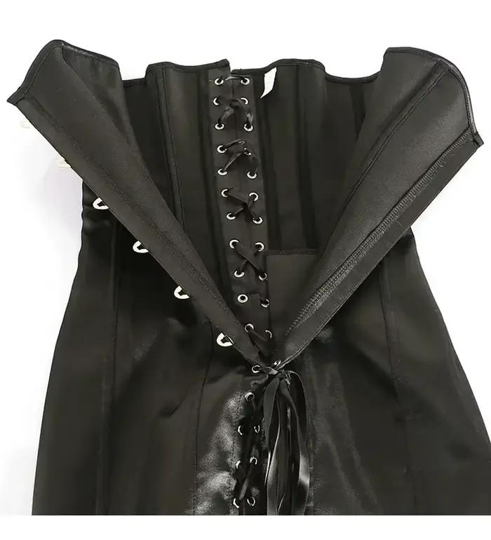 Overbust korzetové šaty pre ženy z čierneho saténu s oceľovými výstuhami