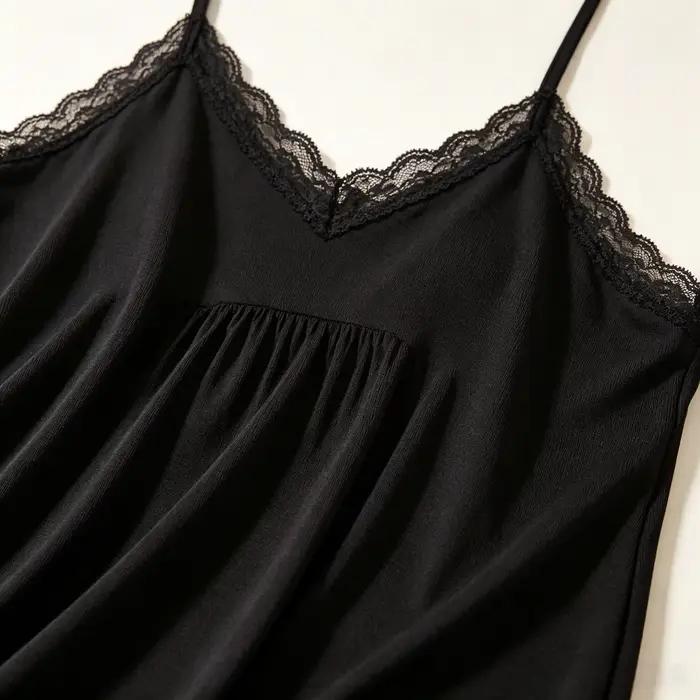 Robe de nuit mi-longue ample en modal doux pour femme, col en V, bretelles spaghetti, bordure en dentelle, respirante, décontractée, pour la maison