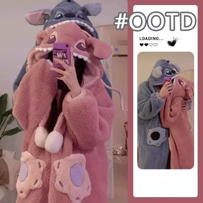 Pyjama couple Lilo & Stitch Angel, robe de nuit chaude en polaire corail, tenue de nuit Disney Stitch en peluche, chemise de nuit épaisse