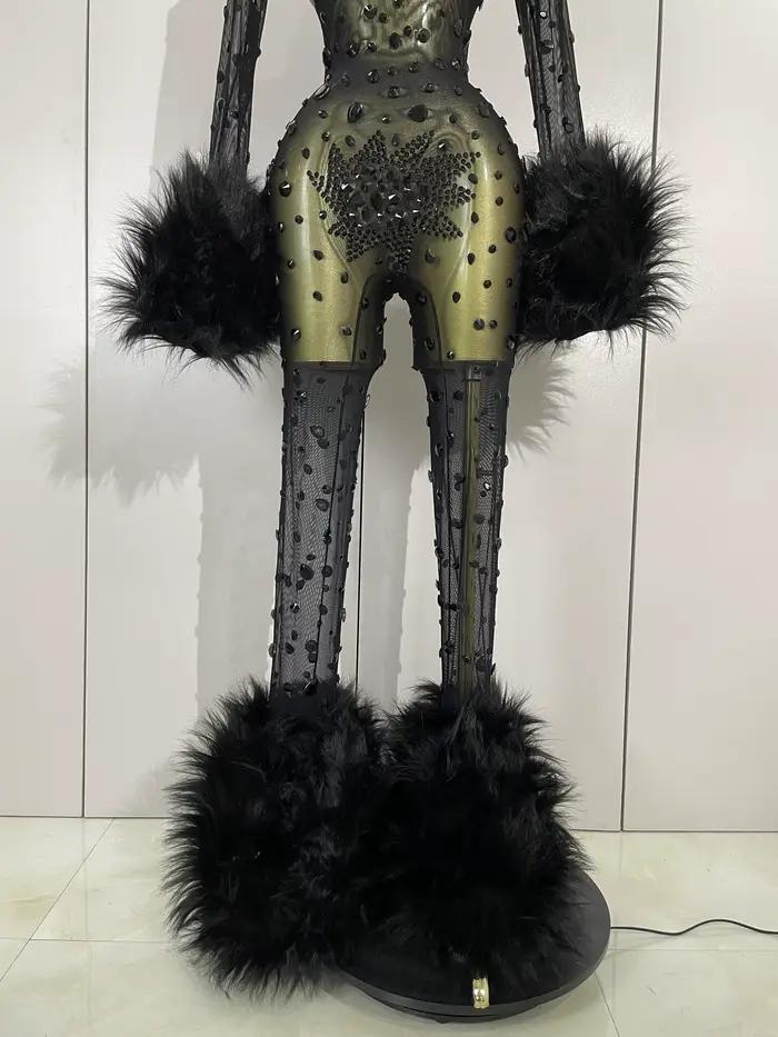 Luxusné čierne diamantové sieťované priehľadné elastické body s dlhým rukávom pre ženy Sexy Performance spevák Cos