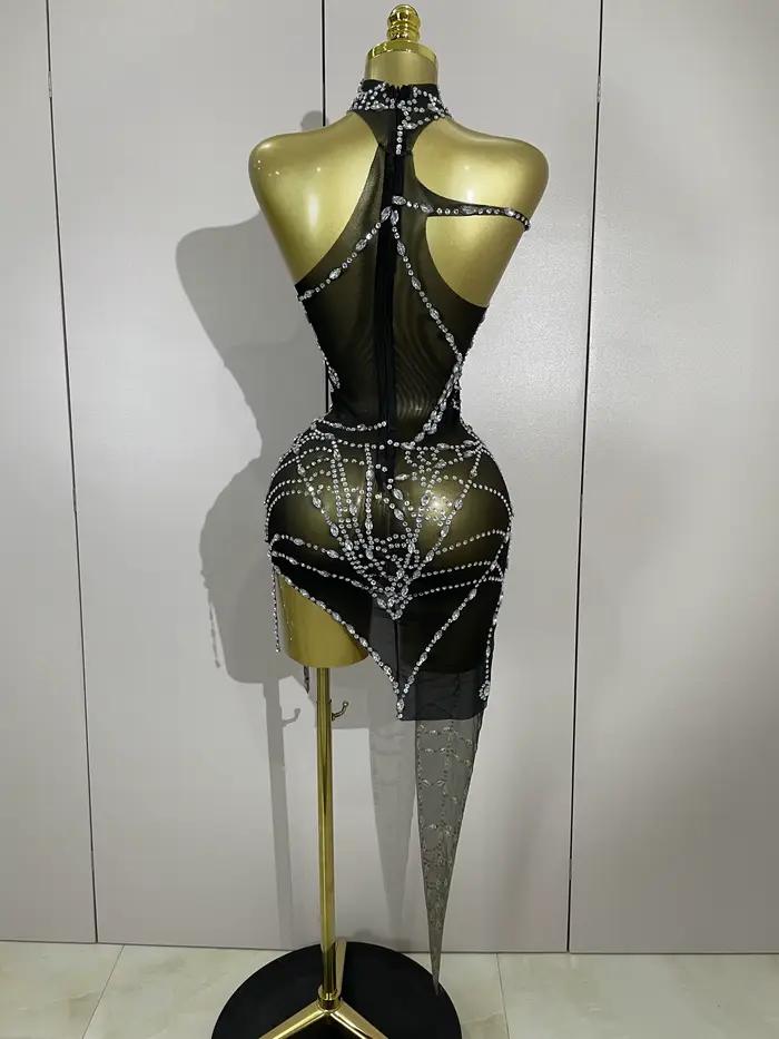 Trblietavý diamant Sexy sieťovaná asymetrická obtiahnutá Mini šaty pre ženy diskotéka Bar párty show Gogo tanečník oblečenie