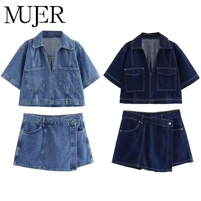 MUJER modrá Denim košeľa pre ženy s krátkym rukávom krátka