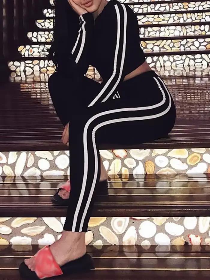 Ensemble de survêtement femme Fitness décontracté 2 pièces ensembles côté rayé à capuche culture hauts et pantalons survêtement extensible deux pièces tenue Chandal