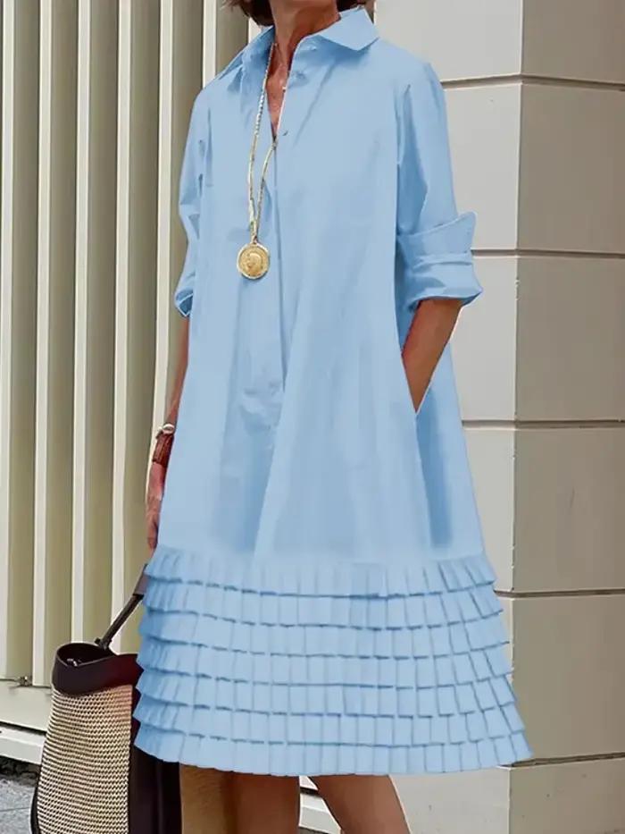Robe ample polyester élasthanne manches longues col rabattu plissée occasion spéciale printemps été femmes style urbain décontracté