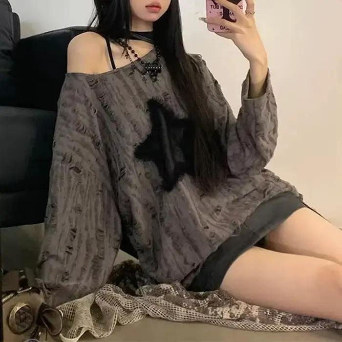 Y2K dierová hviezda potlač tričko ženy móda Streetwear holé ramená topy leto oversized Kpop dlhé rukávy t-sh
