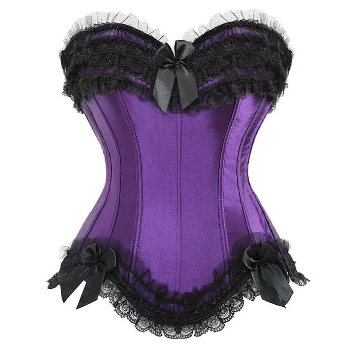 Corset bustier en satin pour femme, costume burlesque, corset princesse, haut à lacets, noir, blanc, violet, rose, grande taille
