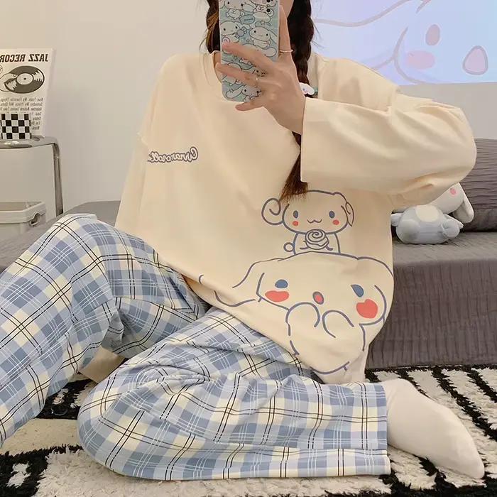 Pyjama coréen pour étudiants, 2 pièces, femme, Cinnamoroll, printemps et automne, doux et mignon, col rond, manches longues, ensemble de vêtements d'anime pour la maison