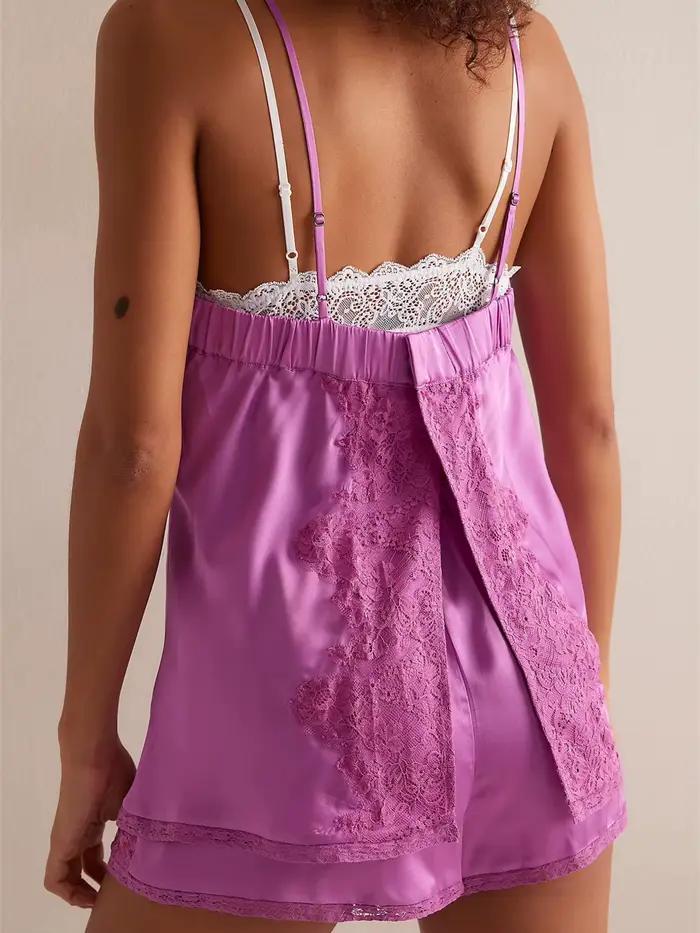 Ensemble pyjama Sexy en Satin pour femmes, 2 pièces, cravate en dentelle, col en V, bretelles Spaghetti, haut et short, style Boho, Vintage, vêtements de nuit assortis