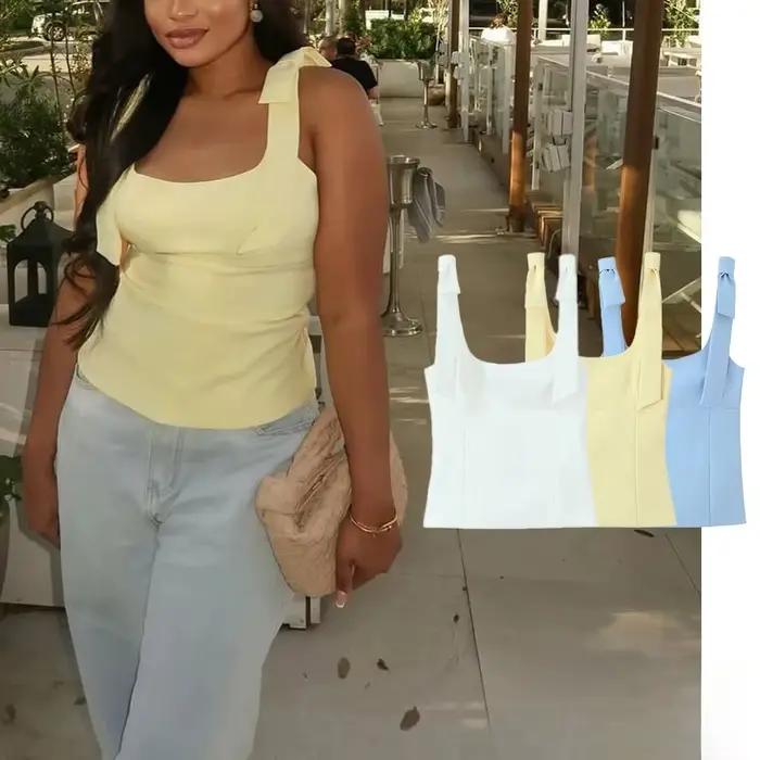 KONDALA Sexy Chic žltý oblúk top s zipsom kravata tenký krátky Cami top ženy móda 2025 leto elegantný Y2K