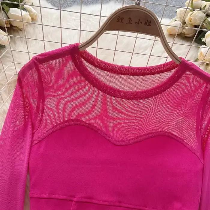 Dámske elegantné priesvitné sieťované patchworkové dlhé rukávy krátky top tenký sexy kórejský tričko módne okrúhly výstrih jeseň