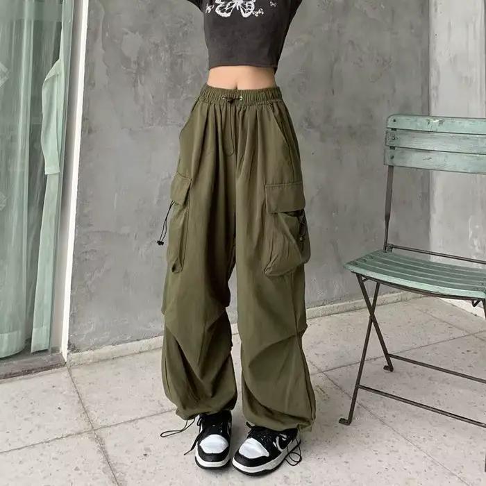 Čierne Y2K padákové nohavice pre ženy Hippie Streetwear s nadrozmernými vreckami Cargo