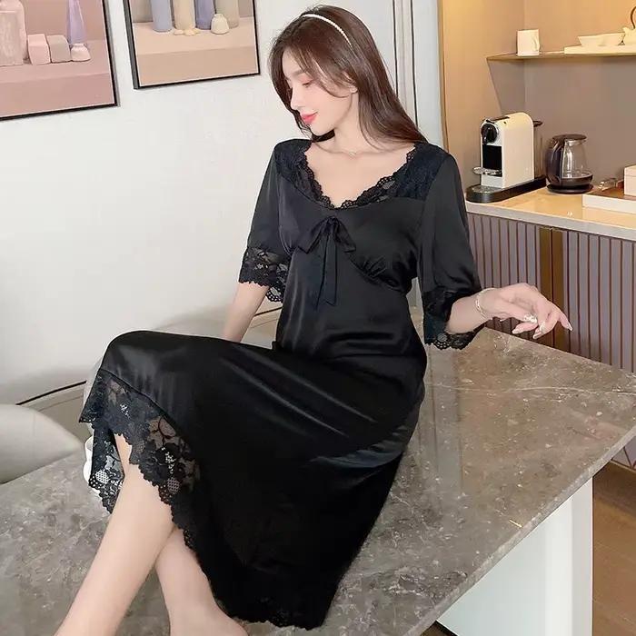 Chemise de nuit Sexy à manches courtes pour femmes, vêtements d'été en dentelle ajourée en soie glacée, Design Long