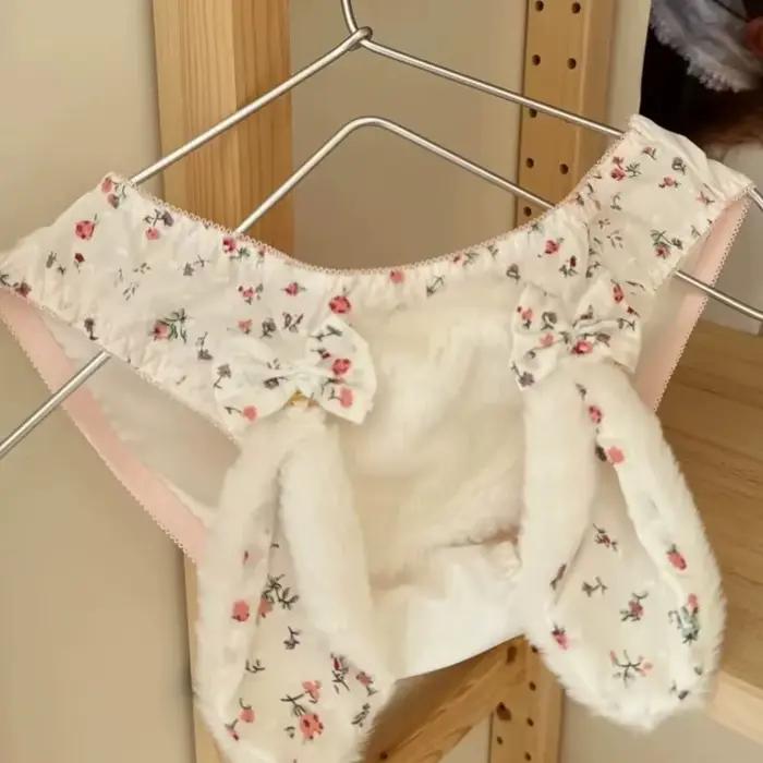 Culottes en velours avec oreilles de lapin et nœud, mignonnes, en peluche, style Lolita, pour femme, douces, chaudes, avec entrejambe en pur coton, taille moyenne