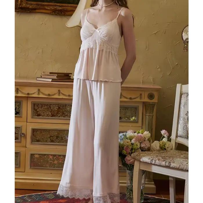 Pyjama sexy en modal pour femme, style rétro français, avec soutien-gorge intégré, bretelles en dentelle et pantalon large, idéal pour l'été