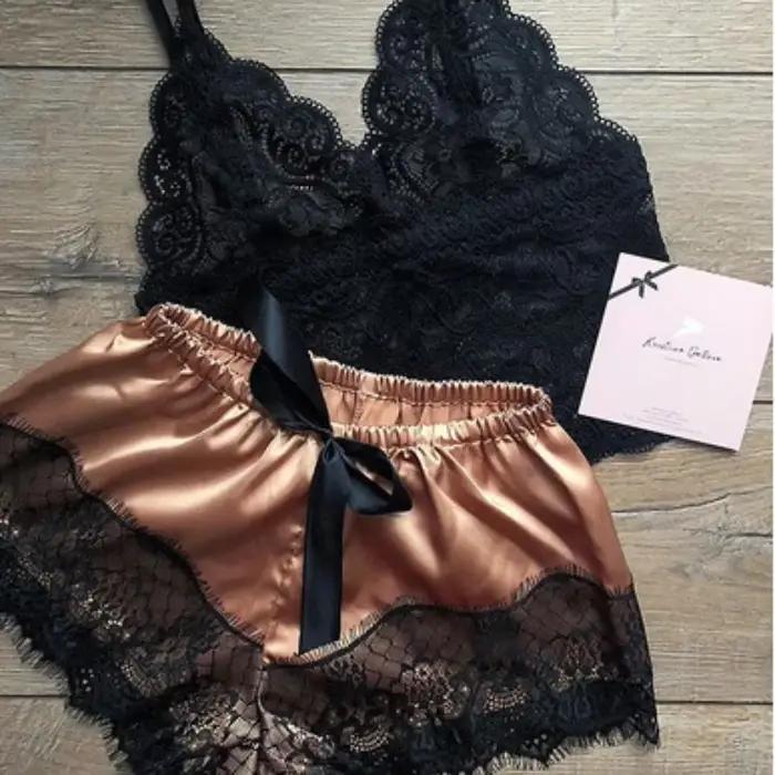Sexy pyžamový set pre ženy 2-dielny Top Šortky Súprava Nočné oblečenie Čipkované pyžamo Spodná bielizeň