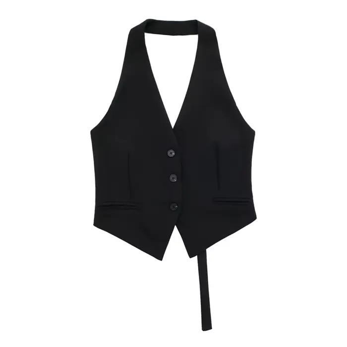 Veste Mujer en polyester avec coupe courte et col en V pour femmes style high street toutes saisons