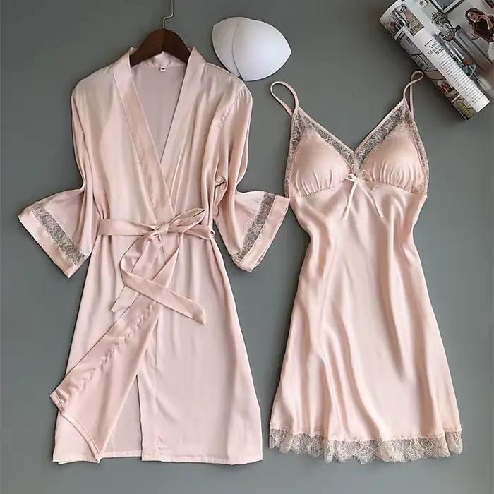 Sexi hodvábny kimono župan pre ženy biela nevesta družička Svadobné šaty s čipkovaným lemom voľné domáce oblečenie na spanie