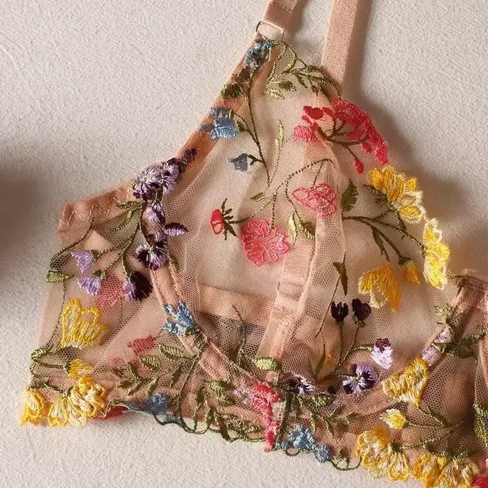 Ensemble de lingerie brodée florale pour femme, soutien-gorge transparent Boho, ensemble de sous-vêtements culottes, intimes, 2 pièces