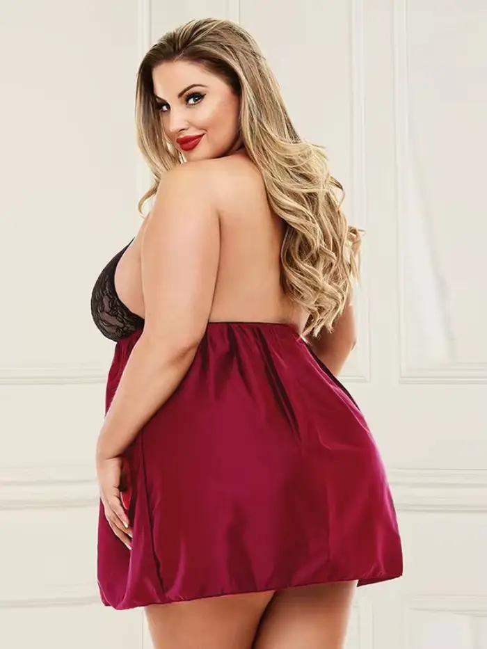 Sexi veľká veľkosť Čipkované priesvitné pyžamo s viazaním na krk pre ženy