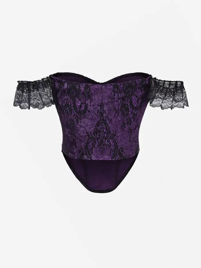 Corset gothique sans bretelles, superposition de dentelle florale, épaules dénudées, paillettes scintillantes, ourlet à boucle