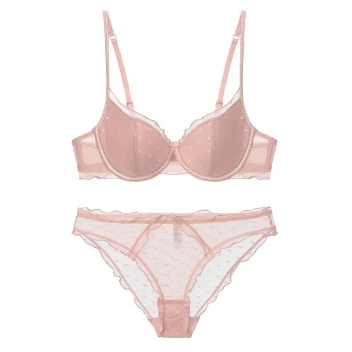 Ensemble de lingerie deux pièces en dentelle française à pois, avec effet de rassemblement et de lifting pour petites poitrines, anti-affaissement et maintien latéral des seins