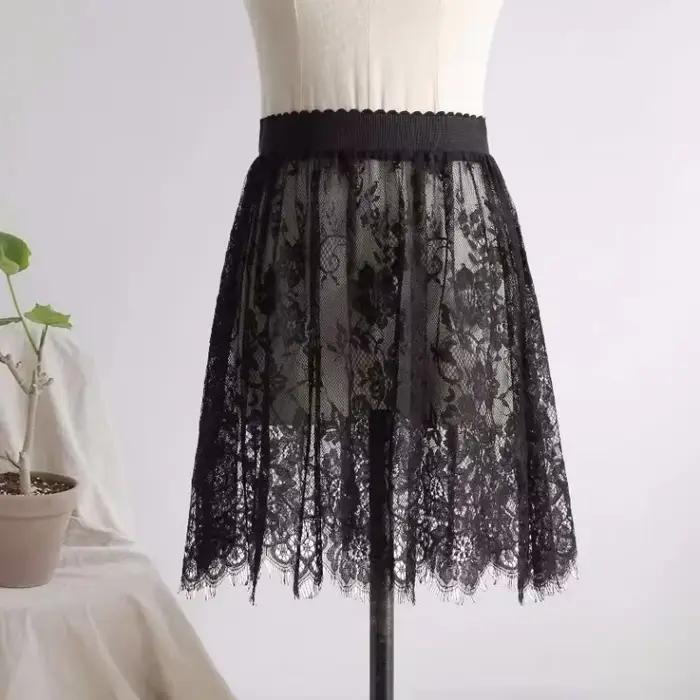 Letné ženy sieťovaná čipka Priehľadná dlhá tylová sukňa kórejský módny Sexy dámy elastický vysoký pás pevná plážová