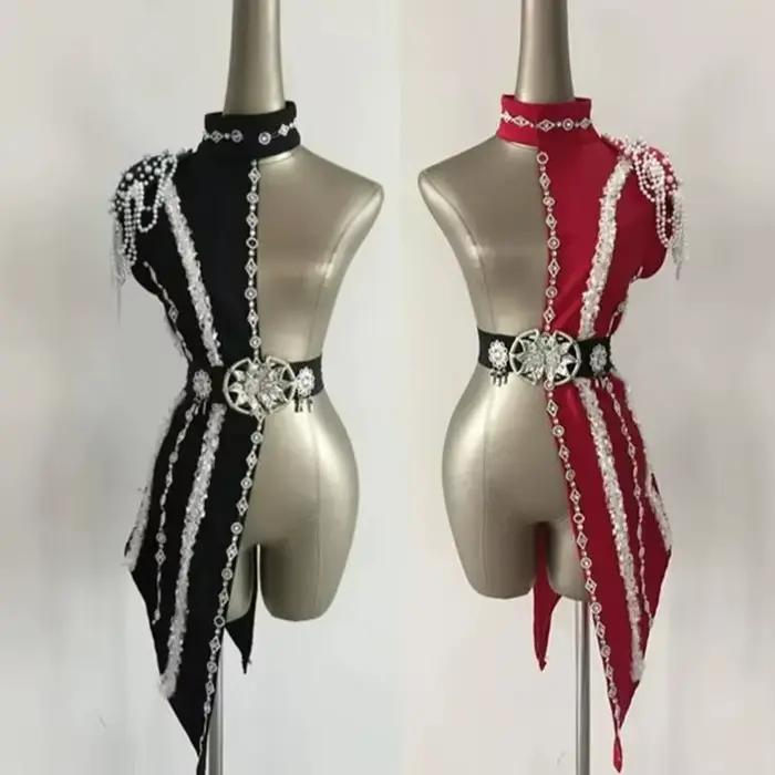 Costume de scène pour femme, bar, boîte de nuit, demi-body, mode, sequins, noir, rouge, patchwork, danse spatiale, DJ, chanteuse