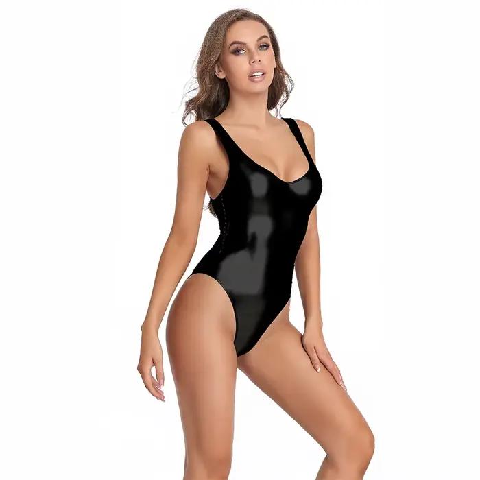 OVIGILY – justaucorps sans manches pour femmes, col rond profond, débardeur métallique brillant pour adultes, pour fête, Clubwear