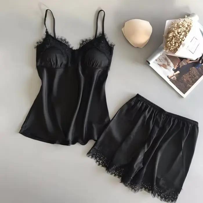 Femmes pyjama ensemble mode col en V Stretch Satin nuisette dentelle Sexy Lingerie nœud papillon chemise de nuit sommeil Shorts ensemble vêtements de nuit