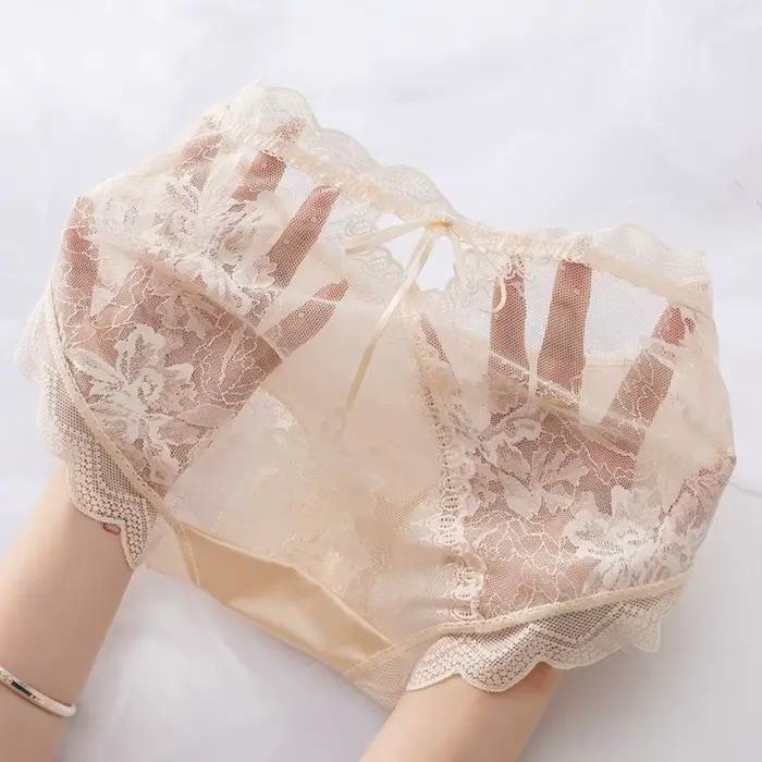 Culottes en dentelle florale transparente pour femme, sous-vêtements féminins fins en soie glacée à volants, pour usage quotidien