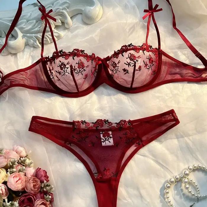 Ensemble de Lingerie Sexy romantique fantaisie Eroticу pour femme, 2 pièces, sous-vêtements transparents pour femmes, broderie, beaux ensembles soutien-gorge et culotte