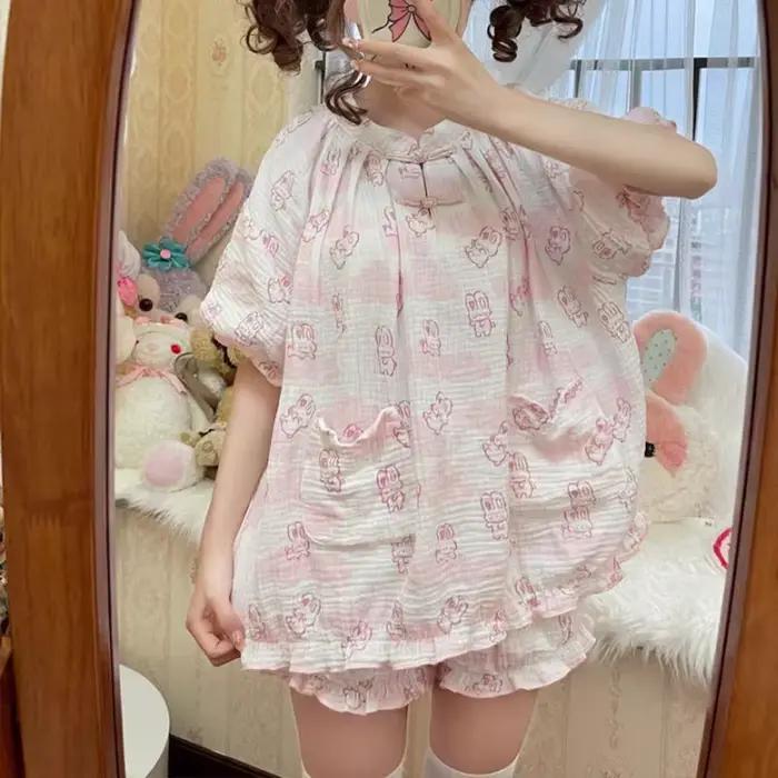 Kawaii Lolita Style lapin imprimé pyjamas ensemble Girly mignon à manches courtes hauts Shorts costume femmes décontracté princesse Homewear Pijama ABDL