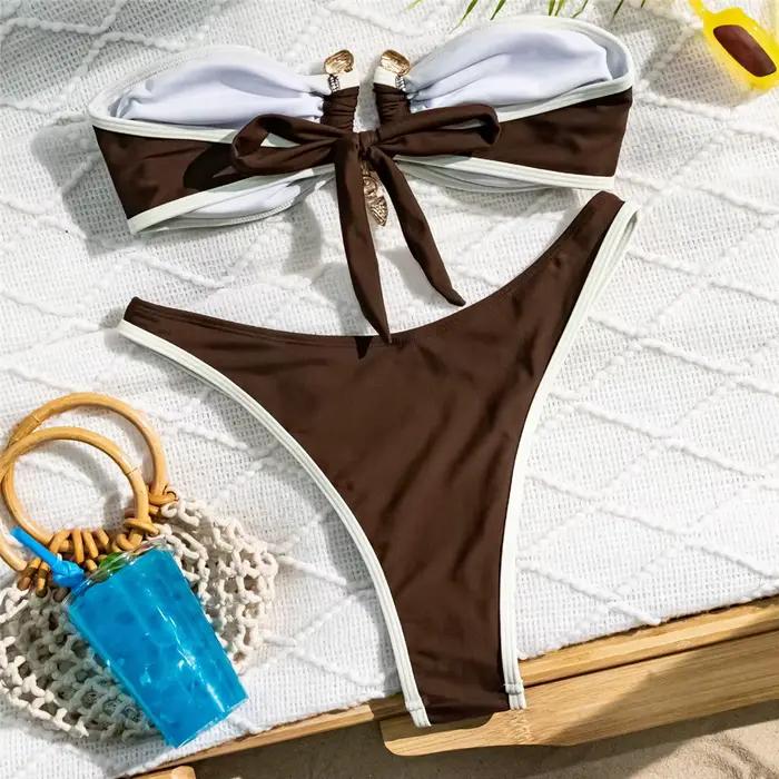 Blanc Bandeau Bikinis ensembles femme Sexy maillot de bain contraste couleur métal boucle maillots de bain coupe haute maillot de bain brésilien Bikini Mujer