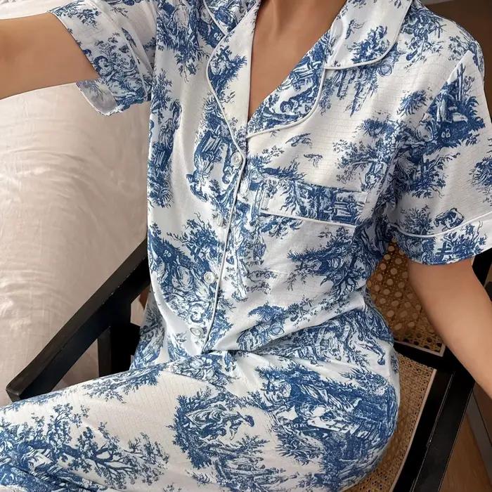 Pyjama féminin bleu avec motifs d'étoiles et lune pour printemps et automne舒适夜晚的理想选择