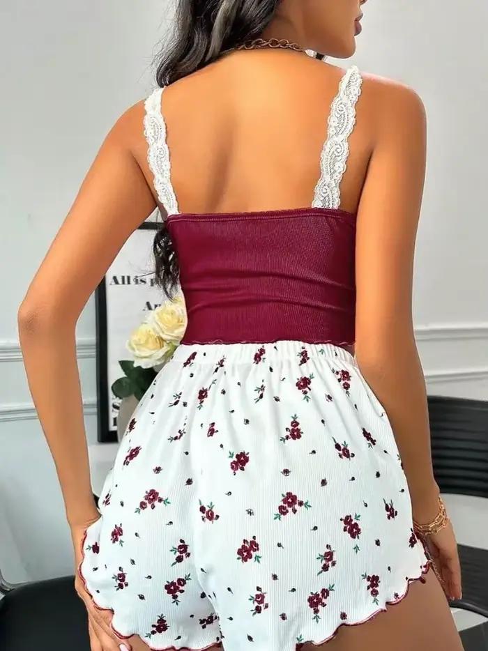 Ensemble pyjama d'été en dentelle à col en v pour femmes, vêtements de nuit, nuisettes Sexy, haut caraco, short imprimé, pyjama doux, vêtements de détente