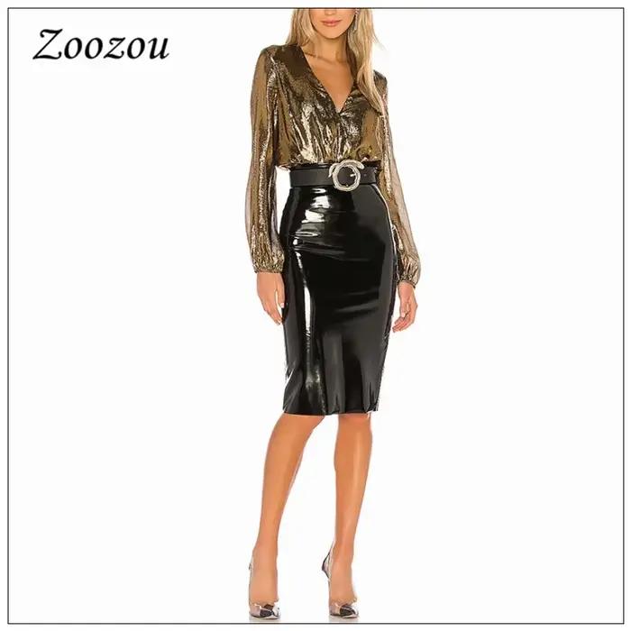 Dámska midi sukňa z latexu a lesklej PVC kože