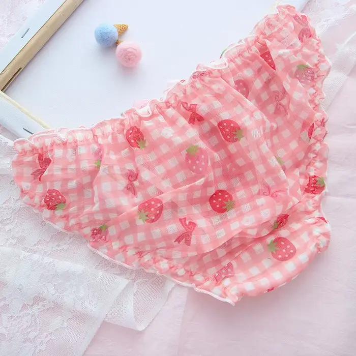 Roztomilá jahodová školáčka nohavičky Sexy sieťované priedušné japonské Kawaii Lolita spodné prádlo pre ženy tangá