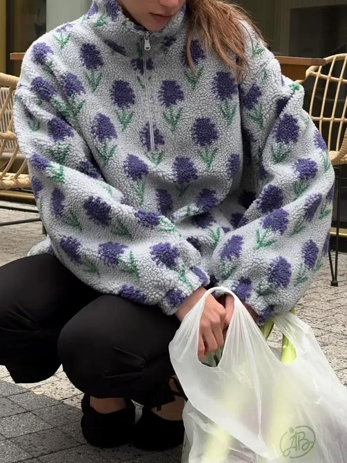 Bornladies dámska jeseň zima nová fleece žakárová mikina s polovičným zipsom