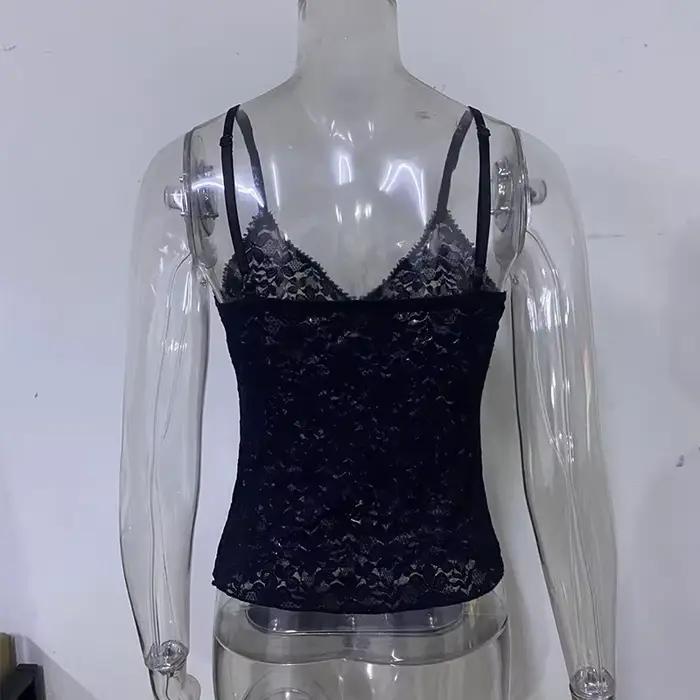 Cami court en dentelle transparente noire pour femmes, vêtements Y2K d'été, débardeurs sexy à col en V, t-shirts gothiques esthétiques des années 2000