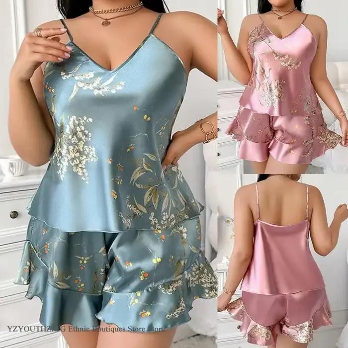 Ensemble pyjama grande taille 3XL 4XL 5XL pour femme, haut et short à bretelles, vêtements de maison imprimés cerise, vêtements de nuit amples en Satin